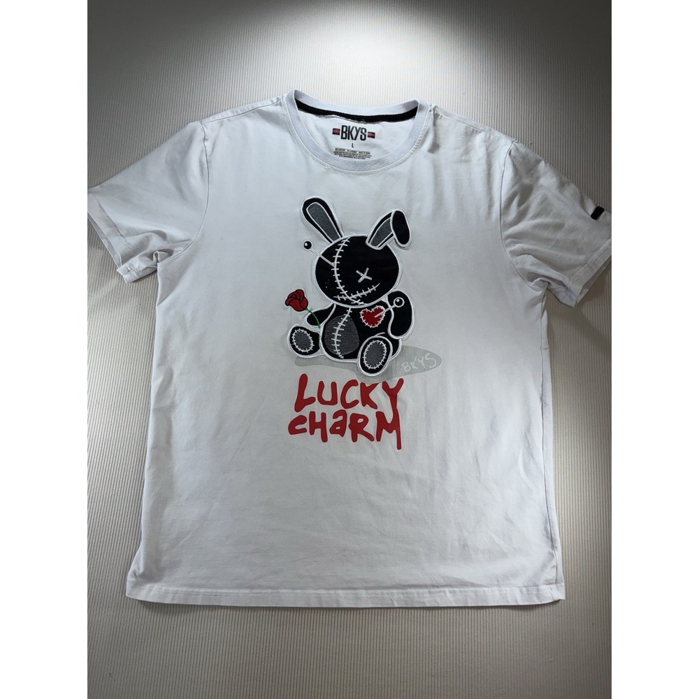 BKYS Lucky Charm‎ Men's T-shirt White Graphic Embroidered L Streetwear Skate